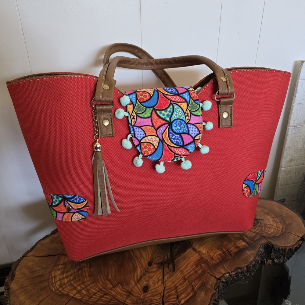 Vibrant Red Canvas Tote Bag with Colorful Accents, Made In Mexico,